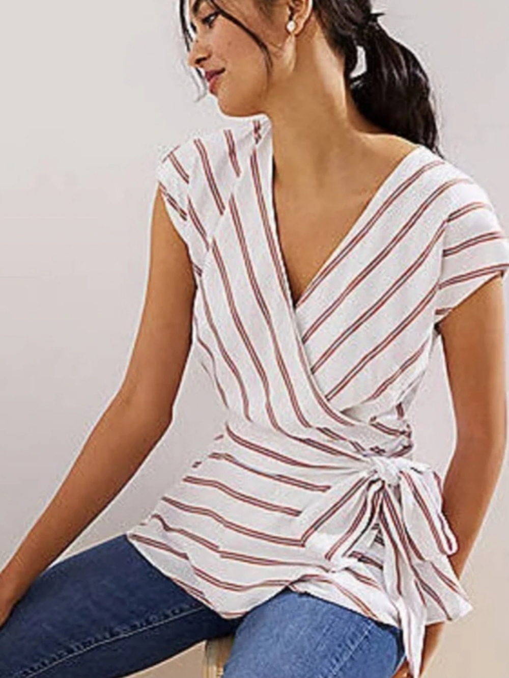 NWT Loft White Gray Dark Orange Stripe V-neck Wrap Top Size Small